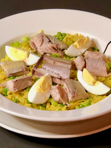 Spiced yellow rice with smoked mackerel and egg