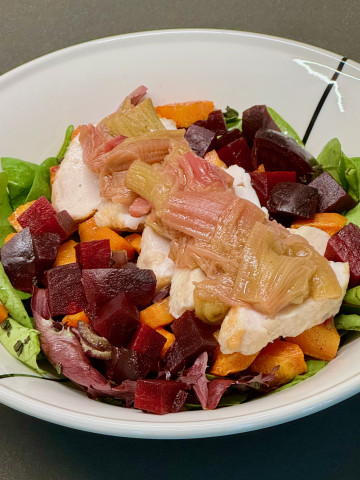Rhubarb, beetroot and chicken spring salad
